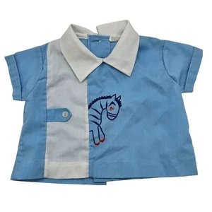 Camicia vintage anni 60 neonato manica corta con bottoni zebrata ricamata blu - Foto 1 di 3