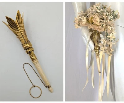 Antique Victorian Tussie-Mussie Gilt Metal Bridal Flower Posy Holder+Finger Ring - Image 1 of 4