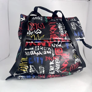 NWT DKNY Tilly Fold Over Backpack Graffiti Logo Black Multicolor - Picture 1 of 10