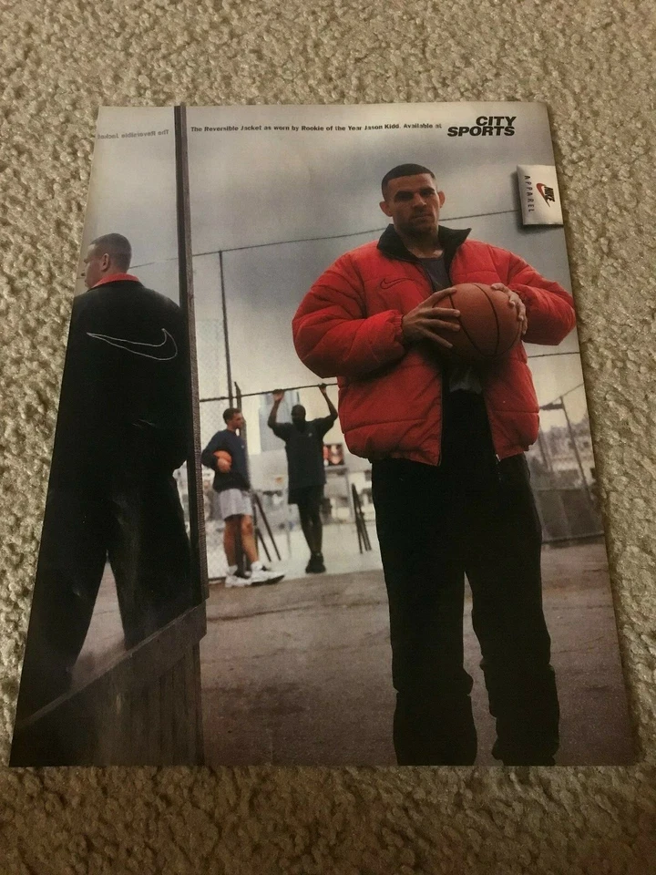 Винтажный 1995 JASON KIDD NIKE ДВУСТОРОННЯЯ КУРТКА плакат печати объявление 1990-х РЕДКАЯ - Изображение 1 из 1