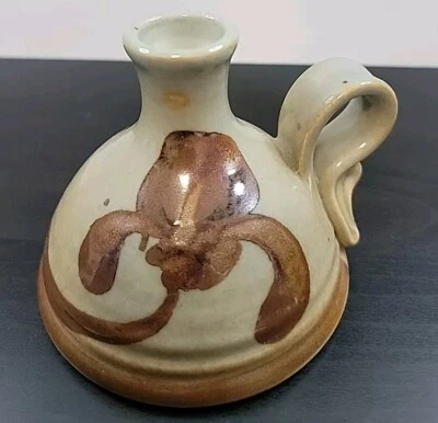 Brown Floral Iridescent Pottery Stonewear Candle Stick Holder W/ Handle Signed  - Image 1 of 4