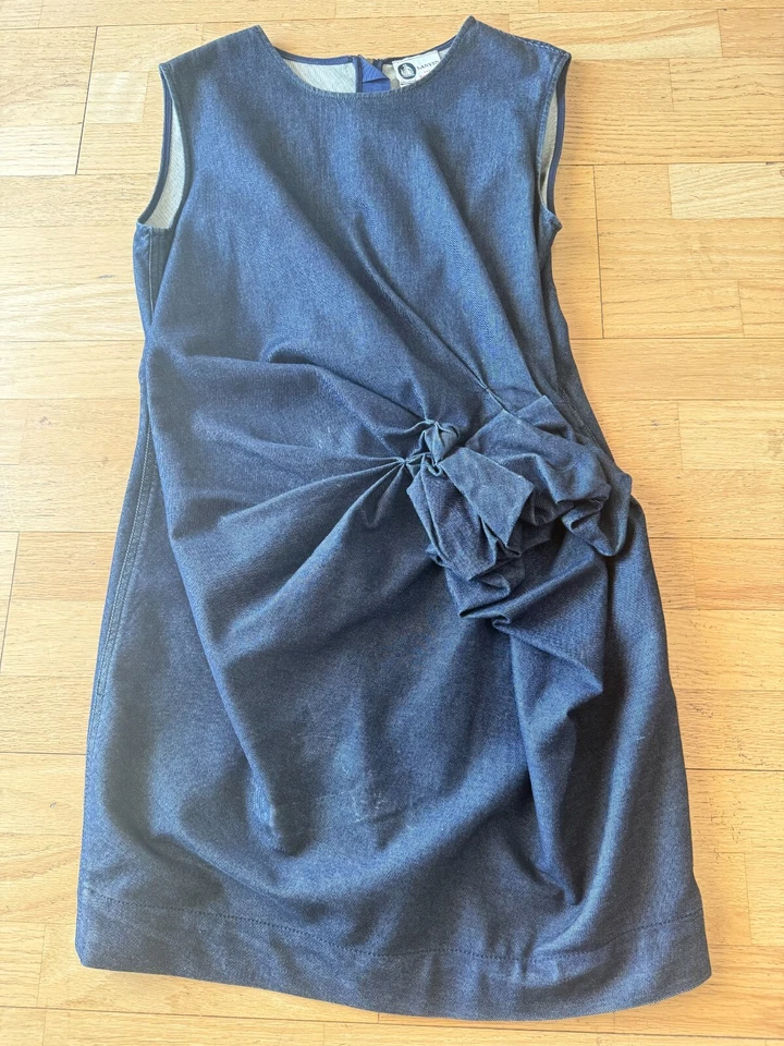 LANVIN DENIM DRESS WITH  RUCHING / FLORAL DESIGN IN FRONT 40 - Image 1 of 4