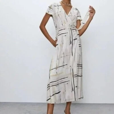 Aritzia Babaton Slit Wrap Dress S Cream Nude Black Abstract Geometric Print Maxi - Image 1 of 4