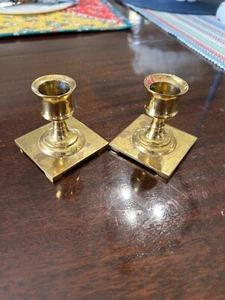 Vintage Mid Century Modern Brass Candle Holder Set of 2 Square Base Footed 2 ¼” - Picture 1 of 6