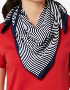 NWT Michael Kors Thin-Striped Square Scarf True Navy White Michael Kors Logo $58 - Picture 1 of 8