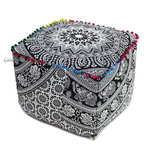 Square Ottoman Pouf Cover Floor Pillow Multi Pom Pom Pouf Room Decorative Throw - Picture 1 of 6