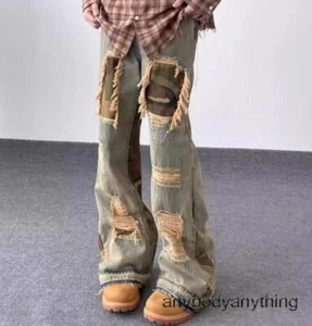 Men's Retro Blue Denim Jeans Straight Leg Ripped Camouflage Mixed Straight Leg - Picture 1 of 12