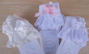 Baby Girl Socks Lace Frill Silk Roses Pearls White Pink Cream 0 3 6 12 24m - Picture 1 of 6