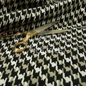 Woven Geometric Black Brown Cream Boxer Houndstooth Pattern Upholstery Fabrics - Picture 1 of 5