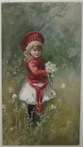 Antikes Original JUNGES MÄDCHEN mit BLUMEN viktorianisches HANDELSKARTENGEMÄLDE - gelistet? - Bild 1 von 12