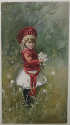 Antigua PINTURA DE TARJETA COMERCIAL VICTORIANA ORIGINAL JOVEN NIÑA CON FLORES - ¿Enumerada? Foto 1 de 4