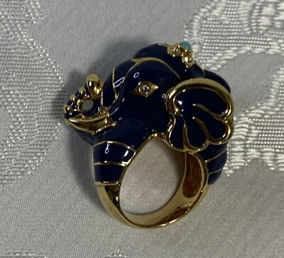 Kenneth Jay Lane RARE Blue Enamel Elephant Ring, Like New with Pouch - Image 1 of 3