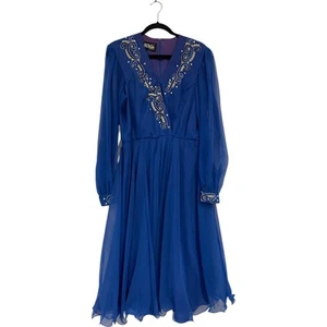 Ursula of Switzerland blau Chiffon Pailletten gefüttert Überlappung V-Ausschnitt Kleid Gr 16 - Bild 1 von 8