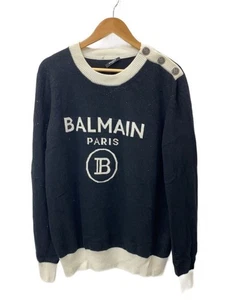 BALMAIN Knit & Sweater Logo Design Crew Neck M Wool BLK Used - Picture 1 of 7