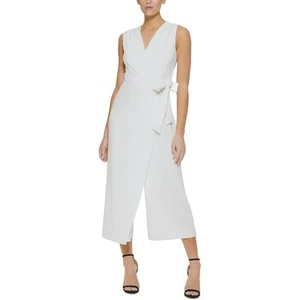 DKNY Womens Ivory Surplice Cropped Wide Legs Jumpsuit 14 BHFO 8812 - Picture 1 of 2