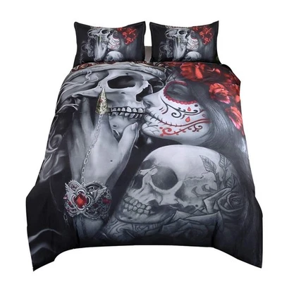 Suncloris, Juegos de Funda Nórdica Ropa de Cama, Calavera de Azúcar Muerta 3D Niña Besando Calavera H... Foto 1 de 4