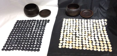 Japanese Vintage Goishi Go-Stone IGO Black & White Stone W/ Wood Bowl Chipped FS - Image 1 of 4