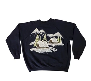 Vtg Christmas Black Sweatshirt Large Crew Winter Snow Cabin Mountains Lodge 90s - Picture 1 of 9