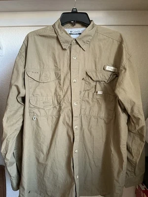 Columbia PFG Hombres Talla L Camisa Ventilada Mangas con Pestaña Enrollable 100% Algodón Caqui Tostado Foto 1 de 4