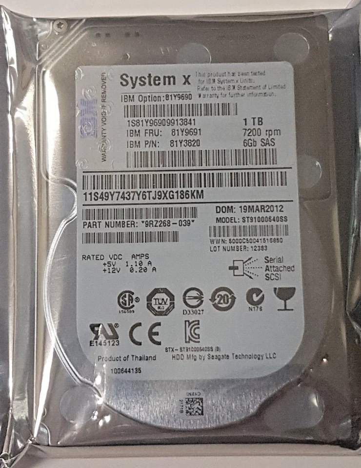 1 SAS IBM System X 81Y9690 ST91000640SS 7200rpm 64MB HDD 2.5 " Hard Drive New - Image 1 of 1