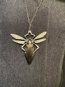 Vintage Large REAL Beetle Euchroma Giganteum Sterling Silver Necklace - Picture 1 of 24