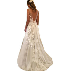 Boho Wedding Dresses Bridal Gown V-Neck Backless Lace Applique A Line TullCustom