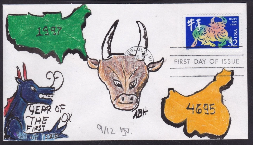 SCOTT 3120 LUNAR NEW YEAR OX MJN CACHETS HAND PAINTED FIRST DAY COVER FDC 9/12 - Image 1 of 1