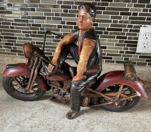 Vintage Art Man On Harley Motorcycle Motorbike Resin Display Item Man Cave 14x18 - Picture 1 of 14