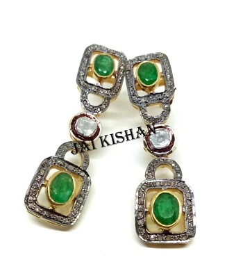 Echte Smaragd Edelstein Pave Polki Diamant 925 Sterling Silber Ohrringe Geschenk - Bild 1 von 4