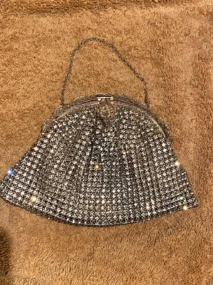 Art Deco Prong Rhinestone evening Purse handbag pearls vintage Silver lovely - Image 1 of 4