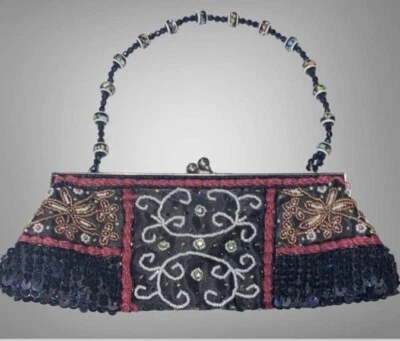 Cartera sin asas vintage bohemia con cuentas y lentejuelas cierre Kisslock correa con cuentas Foto 1 de 3