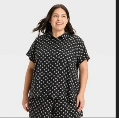 Camisa de manga corta con botones de lino Ava & Viv - Negra con conchas para mujer 3X NUEVA Foto 1 de 4
