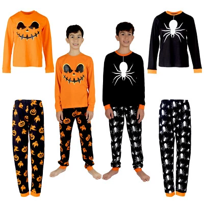 NOROZE Kinder Halloween Pyjama Set Jungen Mädchen Kürbis orange Spinne Nachtwäsche Oberteil Unterteil