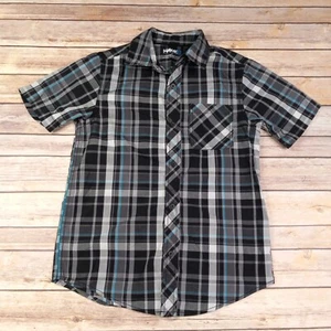 Tony Hawk Boys M Button Front Shirt Short Sleeve Gray Black Blue Plaid - Picture 1 of 4