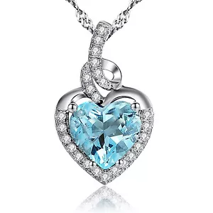 Heart Birthstones Necklace Sterling Silver Simulated Aquamarine Pendant Her Gift - Picture 1 of 6