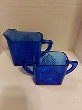 Hazel Atlas Cobalt Blue Chevron Pattern Sugar And Cream Pitcher