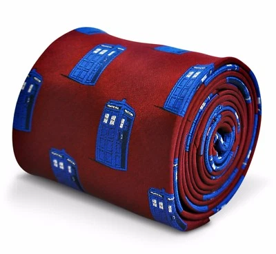 Frederick Thomas Designer Mens Tie - Maroon Burgundy - Embroidered Tardis Box