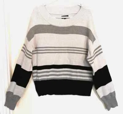 Lucky Brand Womens Sweater M Gray Black Striped Knit Top Blouse Long Sleeve - Image 1 of 4