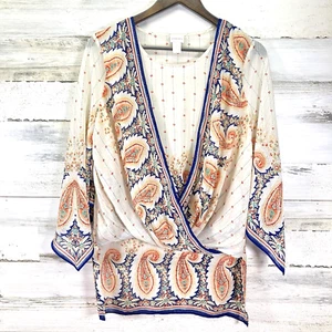 Chicos Womens Cream/Blue/Orange Paisley Boho Hi Lo Flowy Tunic Shirt Size 0/US 4 - Picture 1 of 7
