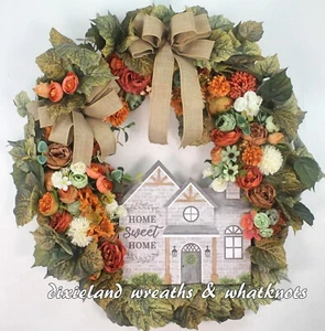 HOME SWEET HOME WREATH, FALL, AUTUMN, FALL FLORAL WREATH, FRONT DOOR WREATH, - Picture 1 of 2