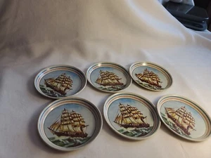 Vintage Clipper Ship Metal Coasters - Set of 6 . ORIGINAL WOOLWORTH STICKERS . - Picture 1 of 8