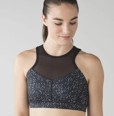 Lululemon Womens Meshed Up High Neck Speckle Bra Top Black White 10 Yoga Active - Image 1 of 4