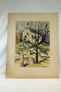 Vtg 1950 Orig Watercolor Painting Church Graveyard Carolyn Burns Artist Missouri - Picture 1 of 7