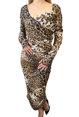 Roberto Cavalli Vintage Logo Leopard Midi Dress One-piece #42 Brown Nylon - Image 1 of 4