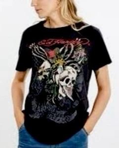 Vintage Don Ed Hardy Women's Graphic T-Shirt Skull Eagle Rhinestone Small Black - Picture 1 of 7