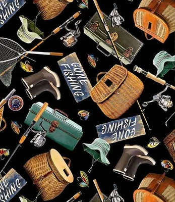 Timeless Treasures Gone Fishing Bait And Tackle Cotton Quilt Fabric by the Yard - Image 1 of 3