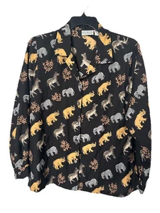 Patchington Vintage Black Animals Novelty Black Print Button Front Blouse Size L - Picture 1 of 6