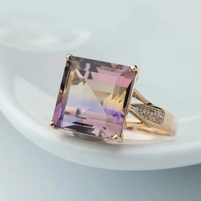 Anillo solitario de regalo de 10 mm corte princesa ametrino creado en laboratorio chapado en oro rosa de 14 quilates Foto 1 de 4