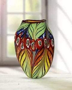 Colorful Peacock Feather Vase, Textured Tiffany Favrile Art Glass, Hand Blown - Picture 1 of 3