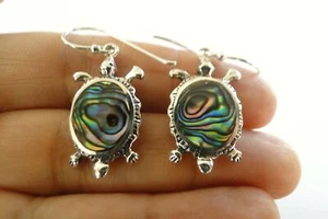Abalone Shell Turtle Tortoise 925 Sterling Silver Dangle Earrings - Picture 1 of 3